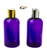 Load image into Gallery viewer, 3 PREMIUM Blue 8 Oz Soap/Hand Cream, Shampoo/Conditioner Shiny 240ml MODERN PET Boston Round Plastic Bottles w/ Gold Disc Cap Dispenser
