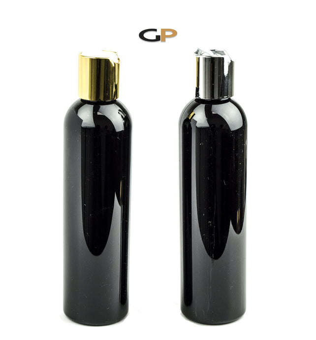 3 LUXURY Black 8 Oz Soap/Hand Cream, Shampoo/Conditioner Shiny 240ml MODERN PET Cosmo Bullet Plastic Bottles w/ Metallic Disc Cap Dispenser