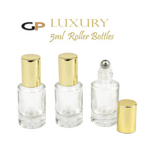Load image into Gallery viewer, 3 LUXURY CYLINDRICAL 5ml Clear Glass Roll-on, Gold Caps Roller Perfume Bottles Stainless STEEL Ball Fitment, 1/6 Oz Essential Oil,  5 ml