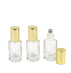 12 LUXURY CYLINDRICAL 5ml Clear Glass Roll-on, SILVER Caps Roller Perfume Bottles Stainless Steel Ball Fitment, 1/6 Oz Essential Oil,  5 ml