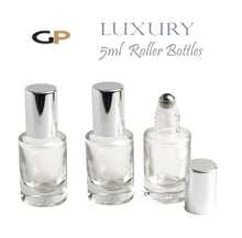 Load image into Gallery viewer, 3 LUXURY CYLINDRICAL 5ml Clear Glass Roll-on, Gold Caps Roller Perfume Bottles Stainless STEEL Ball Fitment, 1/6 Oz Essential Oil,  5 ml