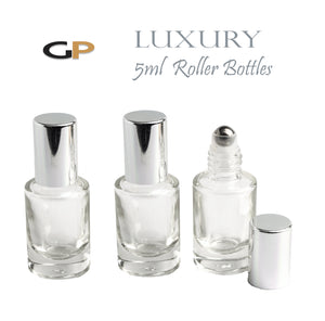 3 LUXURY CYLINDRICAL 5ml Clear Glass Roll-on, Gold Caps Roller Perfume Bottles Stainless STEEL Ball Fitment, 1/6 Oz Essential Oil,  5 ml
