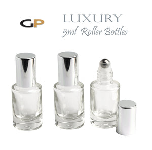 6 LUXURY CYLINDRICAL 5ml Clear Glass Roll-on, GOLD Caps Roller Perfume Bottles Stainless Steel Ball Fitment, 1/6 Oz Essential Oil,  5 ml
