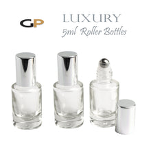 Load image into Gallery viewer, 6 LUXURY SILVER Caps, Cylindrical 5ml Clear Glass Roll-on Roller  Essential Oil Perfume Bottles Steel Balls, 1/6 Oz Essential Oil  5 ml