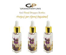 Load image into Gallery viewer, Square Dropper Bottles w/ DRIED Flowers &amp; Petals LUXURY 8ml Clear Glass w/ Rose Lavender Jasmine Calendula Gold/Silver Cap for Essential Oil