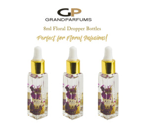 Square Dropper Bottles w/ DRIED Flowers & Petals LUXURY 8ml Clear Glass w/ Rose Lavender Jasmine Calendula Gold/Silver Cap for Essential Oil