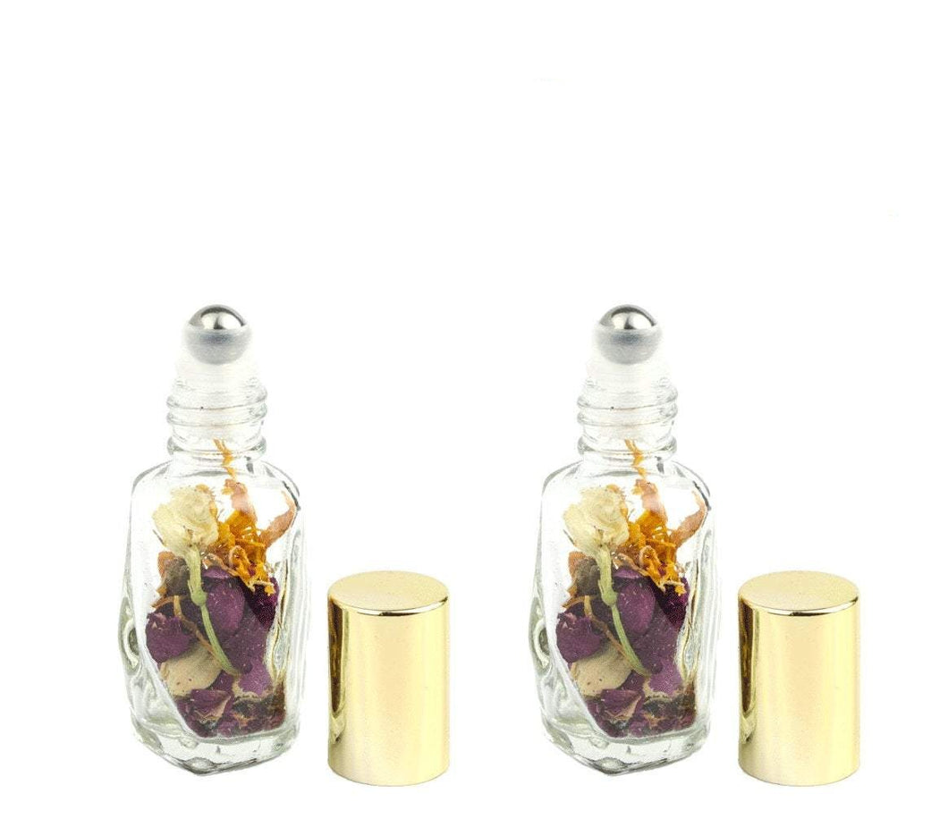 GEM Diamond 7.5ml ROLLER Bottles w/ Dried Flowers & Petals LUXURY 8ml Clear Glass w/ Rose Lavender Jasmine Calendula Gold/Silver Cap
