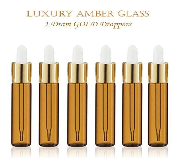 6 -1 DRAM Amber Glass Pipette Dropper Vials Gold Caps 3.7ml Serum Essential Oil, Aromatherapy Bottle w/ Funnel Medicine Bulb Dropper