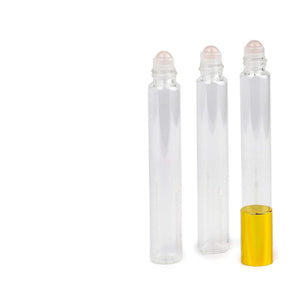 3 ROSE QUARTZ Gemstone Rollerballs in LUXURY Long Slim Clear or Amber Glass 10ml Roll-on Perfume Bottles 1/3 Oz Essential Oil, Lip Gloss