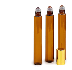 6 ROSE QUARTZ Gemstone Rollerballs in LUXURY Long Slim Clear or Amber Glass 10ml Roll-on Perfume Bottles 1/3 Oz Essential Oil, Lip Gloss