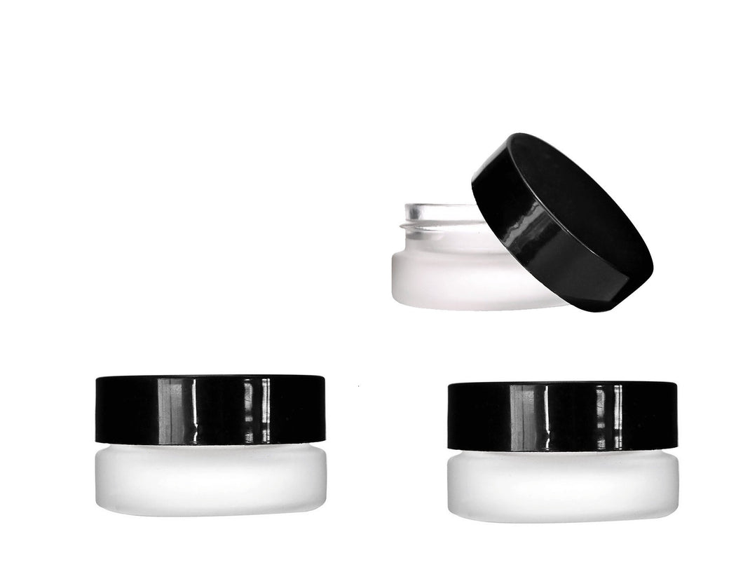 3 FROSTED MINI 7ml GLASS Cosmetic Cream Jars Lip Balm, Gloss Salve Solid Perfume, Eye Cream Sampling, with  Shiny Black Lids, Luxury Pkg