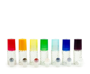 7Pcs Mini CHAKRA SET Natural GEMSTONE RollerBalls Clear or Swirled 5ml Glass Rollon Bottles Premium Chakra Colored Caps Essential Oil Blends