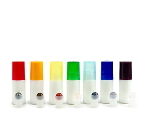 7Pcs Mini CHAKRA SET Natural GeMSTONE RollerBalls Frosted, White or Black Matte 5ml Glass Rollon Bottles Premium Chakra Color Caps EO Blends