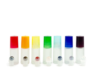 7Pcs Mini CHAKRA SET Natural GeMSTONE RollerBalls Frosted, White or Black Matte 5ml Glass Rollon Bottles Premium Chakra Color Caps EO Blends