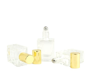 12 Pcs Ultra LUXURY 10ml FLAT SQUARE Glass Roller Bottles Gold or Silver Caps Essential Oil Blends | Perfume | Cologne Steel Rollers 1/3 Oz
