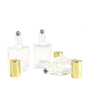 12 Pcs Ultra LUXURY 10ml FLAT SQUARE Glass Roller Bottles Gold or Silver Caps Essential Oil Blends | Perfume | Cologne Steel Rollers 1/3 Oz
