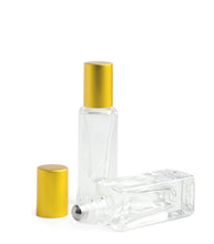 Load image into Gallery viewer, 12Pcs 5ml Roller Bottles, MATTE Gold/Silver Caps LUXuRY SQUARE Clear Glass Perfume Roll-on Stainless STEEL Roller, 1/6 Oz Essential Oil
