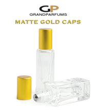 Load image into Gallery viewer, 24Pcs 5ml Roller Bottles w/ MATTE Gold/Silver Caps LUXuRY SQUARE Clear Glass Perfume Roll-ons Stainless STEEL Roller, 1/6 Oz Essential Oil