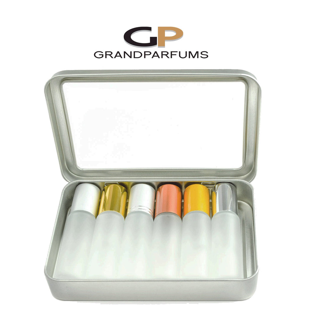 6 Luxury METALLIC Caps on FROSTED 10ml Empty Glass Roll On Bottles w/ TIN Presentation Box Steel Roller Balls For Essential Oil Blends