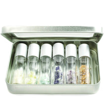 Load image into Gallery viewer, Gemstone Chips and 6 Luxury MATTE SILVER Metallic Caps,  Clear 10ml Empty Glass Roll On Bottles w/ TIN Presentation Box Steel Roller Balls