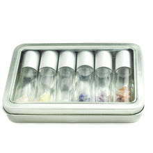 Load image into Gallery viewer, Gemstone Chips and 6 Luxury MATTE SILVER Metallic Caps,  Clear 10ml Empty Glass Roll On Bottles w/ TIN Presentation Box Steel Roller Balls