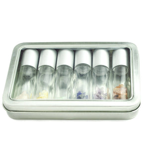 Gemstone Chips and 6 Luxury MATTE SILVER Metallic Caps,  Clear 10ml Empty Glass Roll On Bottles w/ TIN Presentation Box Steel Roller Balls
