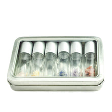 Load image into Gallery viewer, Gemstone Chips and 6 Luxury MATTE SILVER Metallic Caps,  Clear 10ml Empty Glass Roll On Bottles w/ TIN Presentation Box Steel Roller Balls