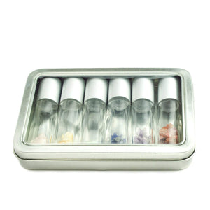 Gemstone Chips and 6 Luxury MATTE SILVER Metallic Caps,  Clear 10ml Empty Glass Roll On Bottles w/ TIN Presentation Box Steel Roller Balls