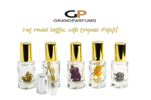 6 ORGANIC PETALS in  LUXURY 5ml RollerBall Clear Glass Bottles for Perfume, Essential Oil  Choose Your Flowers, Gold/Silver Cap Rose Jasmine