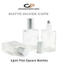 Load image into Gallery viewer, 3 LUXURY MATTE Silver Caps SQUARE 15ml Clear Glass Roller Perfume Bottles Stainless Steel Ball 1/2 Oz for Essential Oil Blends Private Label