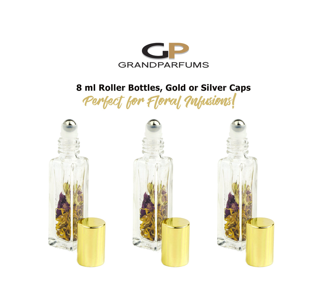 Square Roller Bottles w/ DRIED Flowers & Petals LUXURY 8ml Clear Glass w/ Rose Lavender Jasmine Calendula Gold/Silver Cap for Essential Oil