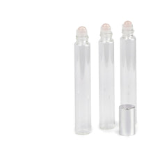 Load image into Gallery viewer, 6 ROSE QUARTZ Gemstone Rollerballs in LUXURY Long Slim Clear or Amber Glass 10ml Roll-on Perfume Bottles 1/3 Oz Essential Oil, Lip Gloss