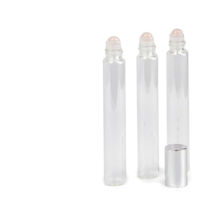 6 ROSE QUARTZ Gemstone Rollerballs in LUXURY Long Slim Clear or Amber Glass 10ml Roll-on Perfume Bottles 1/3 Oz Essential Oil, Lip Gloss