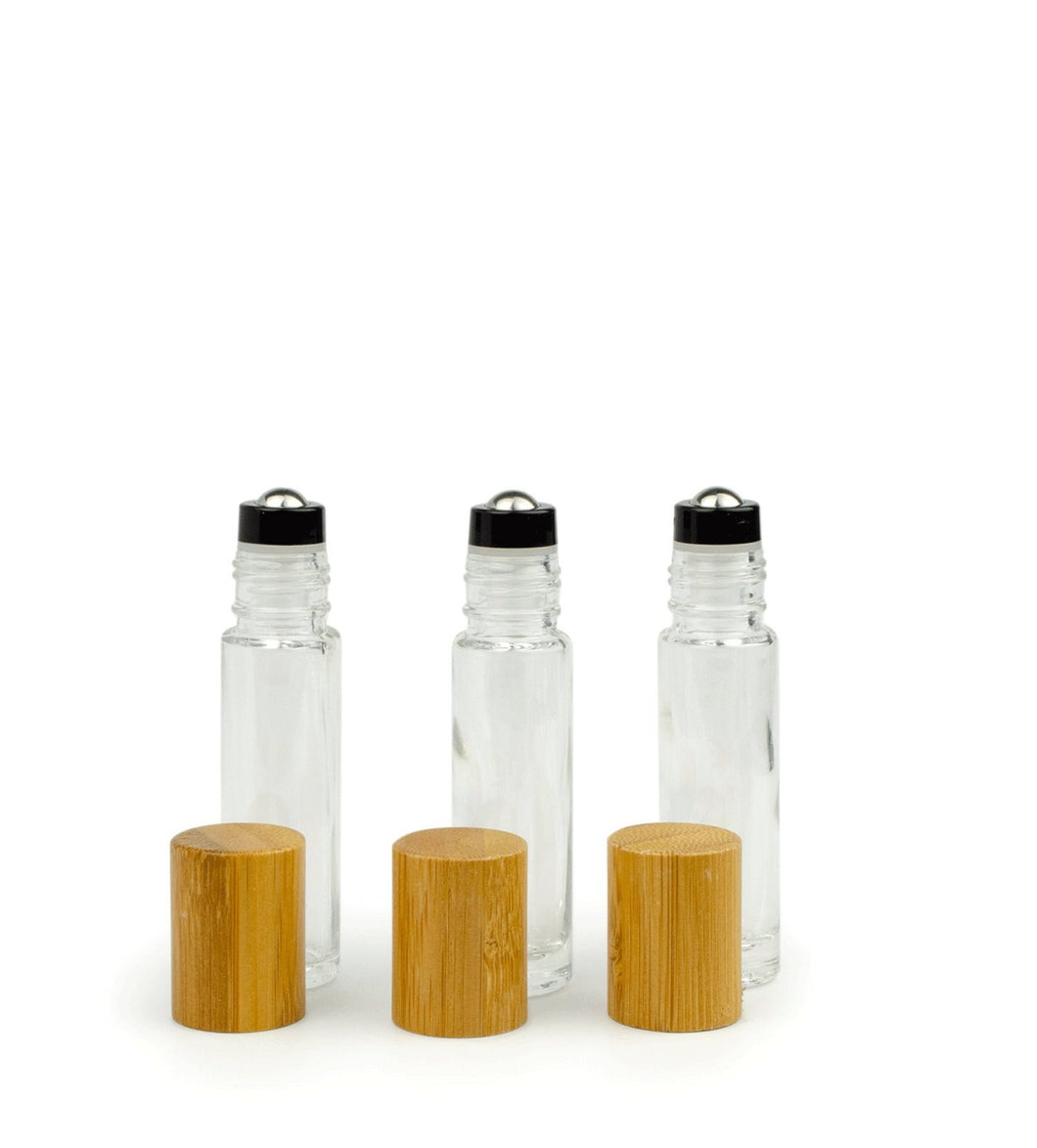 6 Pcs No-Leak DELUXE Steel Rollers! LUXURY 10ml CLeAR Glass Quality Essential Oil Glass Bottles w/ Matte Silver or BAMBOO Caps, Essential Oil