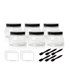 Load image into Gallery viewer, 6 Italian Style CLEAR 8 Oz Pet Plastic TUSCANY Jars 240ml w/ Smooth Black Caps, Sugar Scrubs, Bath Salt, Creams, with Labels and Spatulas