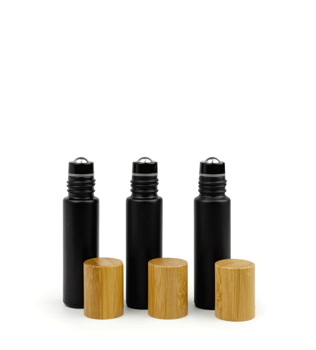 6Pcs Essential Oil Rollers No-Leak Steel or Glass Rollers! 10ml MaTTE BLaCK Quality Glass Bottles w/ Matte Silver or BAMBOO Caps, PREMIUM