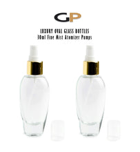 Load image into Gallery viewer, 2Pcs 1 Oz LUXURY Glass Atomizer 30ml OVAL Tear Drop Perfume Bottles Fine Mist Spray Gold or Silver Metalllic Cap Refillable w/ Clear Hood