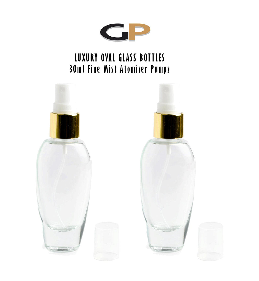 2Pcs 1 Oz LUXURY Glass Atomizer 30ml OVAL Tear Drop Perfume Bottles Fine Mist Spray Gold or Silver Metalllic Cap Refillable w/ Clear Hood