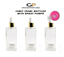 Load image into Gallery viewer, 6 LUXURY 100ml PERFUME Spray Bottle, 3.4 Oz Cubic ATOMIZER Empty Glass Bottle Cube Shape 100ml Silver Gold Caps Private Label Packaging