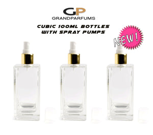 6 LUXURY 100ml PERFUME Spray Bottle, 3.4 Oz Cubic ATOMIZER Empty Glass Bottle Cube Shape 100ml Silver Gold Caps Private Label Packaging