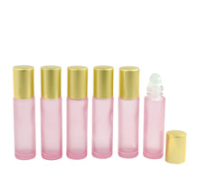 Load image into Gallery viewer, BLUSH Frosted PINK 10ml Roller Bottles, Rose Pink Glass with Light MATTE Gold Caps, Glass, Steel, Rose Quartz Crystal Rollerballs | 12 Units