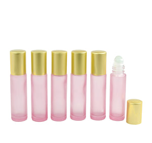 BLUSH Frosted PINK 10ml Roller Bottles, Rose Pink Glass with Light MATTE Gold Caps, Glass, Steel, Rose Quartz Crystal Rollerballs | 12 Units