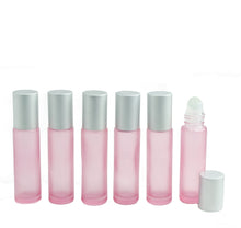 Load image into Gallery viewer, 10ml Essential Oil Roller Bottles 6 BLUSH PINK Frosted Glass w/ MATTE Silver Caps Steel Glass, Rose Quartz, or Laboradorite Balls