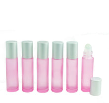 Load image into Gallery viewer, 10ml Essential Oil Roller Bottles 6 BLUSH PINK Frosted Glass w/ MATTE Silver Caps Steel Glass, Rose Quartz, or Laboradorite Balls