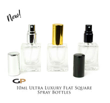 Load image into Gallery viewer, Single Essential Oil Perfume Spray Bottle ULTRA FLaT SQUARE Glass Atomizer 10ml SiLVER, BlaCK or GoLD Cap 1/3 Oz , Fine Mist Spray Fragrance