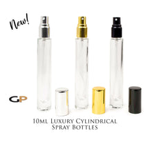 Load image into Gallery viewer, Essential Oil Spray Bottle Atomizer, TALL SLIM Cylindrical 10ml Glass - SILVER BLACK or GoLD Cap Perfume Cologne, Aromatic Water SINGLE UNIT