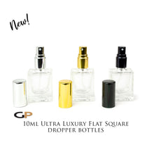 Load image into Gallery viewer, Single Essential Oil Perfume Spray Bottle ULTRA FLaT SQUARE Glass Atomizer 10ml SiLVER, BlaCK or GoLD Cap 1/3 Oz , Fine Mist Spray Fragrance