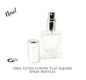 6 ULTRA FLaT SQUARE Atomizer Bottles 10ml Clear LUXURY Glass Bottle, SiLVER, BlaCK or GoLD Caps Perfume Spray Bottles 1/3 Oz Essential Oil