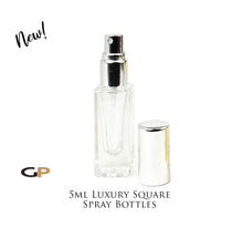 Load image into Gallery viewer, 6 Pcs 5ml SQUARE Atomizer Bottles Glass Bottle, SILVER, BLACK or GOLD Caps Perfume Bottles 1/6 Oz