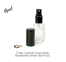 Load image into Gallery viewer, 6 GEO 7.5ml Atomizer Bottles Gem Diamond Shape Clear LUXURY Glass SiLVER, BLACK or GOLD Caps -1/4 Oz Essential Oil, 7.5 ml